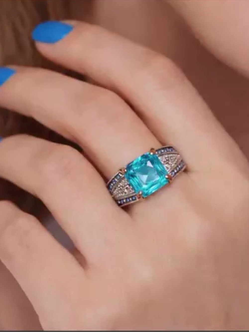 Blue Cushion-Cut Gemstone Ring with Pavé Accents - Women's Jewelry Silver plated